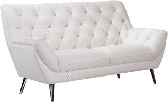 Contemporary Button Tufted Leather Loveseat with Metal Legs, White