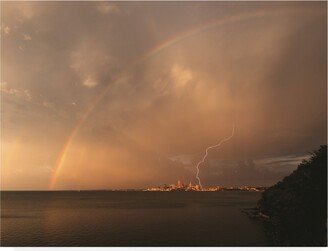 Kurt Shaffer Photographs Rainbow and Lightning over Cleveland Canvas Art - 19.5 x 26