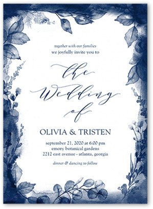 Wedding Invitations: Dusky Botanicals Wedding Invitation, Blue, 5X7, Standard Smooth Cardstock, Square