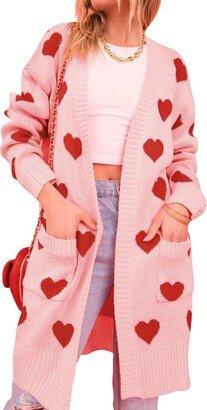 CXINS Women's Fall Winter Cardigan Long Sleeve Cute Heart Chunky Knit Casual Oversized Open Front Long Sweater with Pockets Pink Size XL