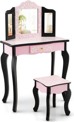 Kid Vanity Set with Tri-Folding Mirror and Leopard Print-Pink - Pink - N/A