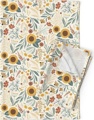 Sunflower Tea Towels | Set Of 2 - Wild Meadow By Writtenbykristen Yellow Summer Garden Wildflowers Linen Cotton Spoonflower