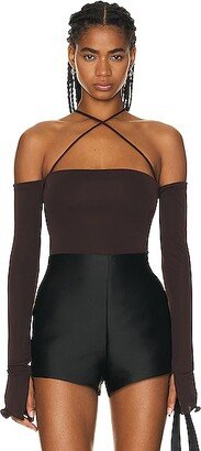 The Andamane Maddy Bodysuit Off Shoulder Lace Up Bodysuit in Chocolate