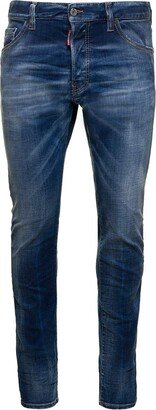 'Cool Guy' Blue Five-Pocket Style Fitted Jeans with Logo Patch in Stretch Cotton Denim Man