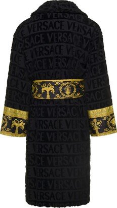 Black Bathrobe With Baroque Pattern In Terry Cotton Home