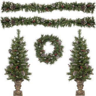 Northlight 4' Pre- Lit Frosted Verona Berry Pine Artificial Christmas Entryway Set, 5 Piece