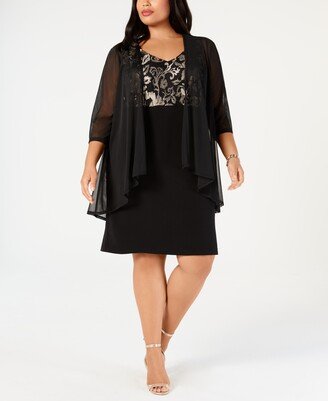 Plus Size Metallic Embroidered Dress & Mock Jacket - Black/Gold