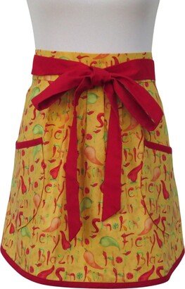Women's Red & Yellow Chili Peppers Half Apron, With A Pleated Front & Two Pockets