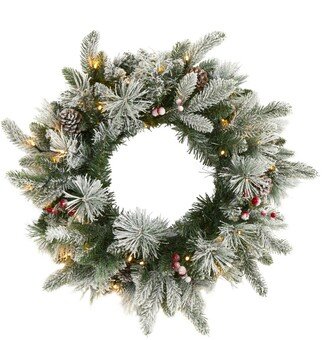 Flocked Mixed Pine Artificial Christmas Wreath with 50 Led Lights, Pine Cones and Berries