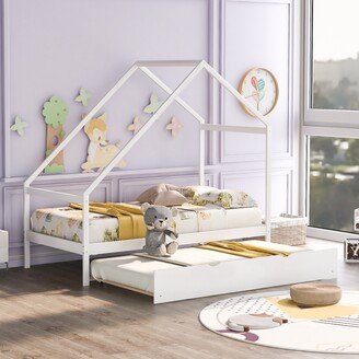 Calnod Charming House Shaped Twin Size Bed Frame with Twin Trundle - A Cozy and Adorable Addition to Kids' Bedroom