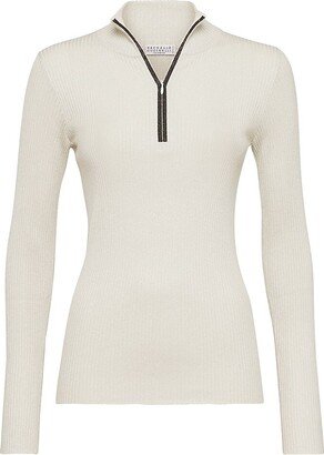 Sparkling Cashmere And Silk Lightweight Rib Knit Turtleneck Sweater With Precious Half Zip