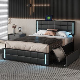 EHEK Queen Size Upholstered Platform Bed with LED Lights and USB Charging, Storage Bed with 4 Drawers for Bedroom, Black