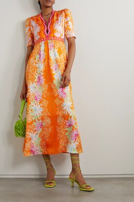 Tabitha Floral-print Silk Midi Dress - Orange