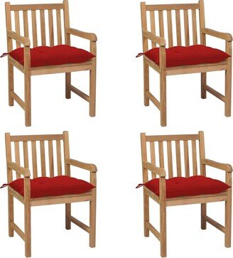 Patio Chairs 4 pcs with Red Cushions Solid Teak Wood - 22.8'' x 23.6'' x 35.4''