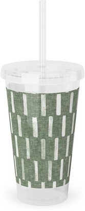 Travel Mugs: Block Print Dash - Sage Acrylic Tumbler With Straw, 16Oz, Green