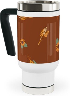 Travel Mugs: Corn & Sunflowers Travel Mug With Handle, 17Oz, Brown