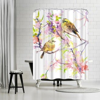 71 x 74 Shower Curtain, Yellowhammers And Cherry Blossom by Suren Nersisyan