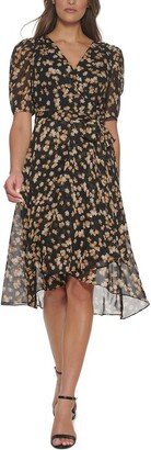 Petites Womens Chiffon Puff Sleeve Midi Dress