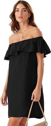 Linen Dye Off-the-Shoulder Dress Cover-Up (Black) Women's Swimwear