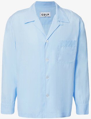 Mens Sky Blue Camp-collar Relaxed-fit Woven Pyjama Shirt