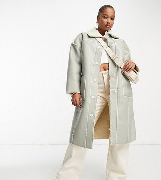 Urban Code Petite longline pu aviator coat in sage green with contrast cream borg trims