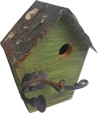 Rustic Country Style Birdhouse With Fleur De Lis Tin Roof & Coat Hook Perch