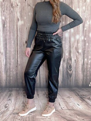 Womens Faux Leather Jogger In Black