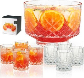 Admiral Punch Bowl Set with 8 Tumblers, Cut Crystal Cocktail Party Serveware, Dishwasher Safe, 2.5 Gallons, 9 Oz Glasses, Set of 9, Clear Finish