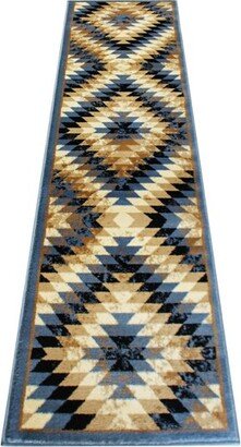 Emma and Oliver 2x7 Distressed Southwestern Diamond Motif Plush Pile Olefin Accent Rug in Blue, Beige, Brown and Black - Jute Backing