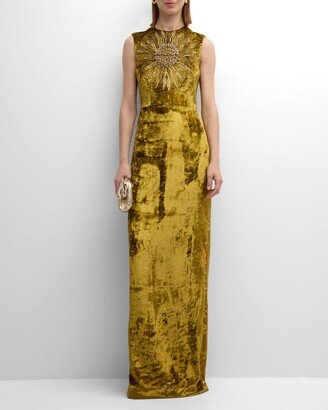 Embroidered Sleeveless Crushed Velvet Gown