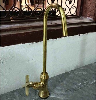 Unlacquered Brass Kitchen Faucet, Cold Water Gooseneck Faucet Kitchen, With Various Handles Style - Faucets