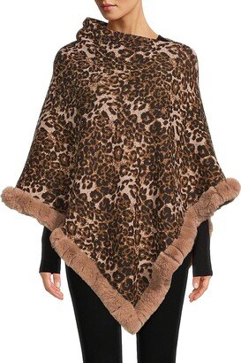 Animal Print Faux Fur Trim Poncho