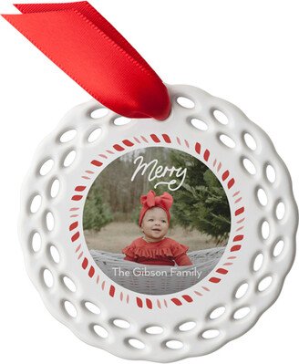 Ornaments: Candy Cane Border Ceramic Ornament, White, Circle