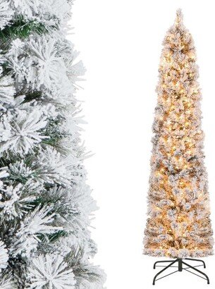 6 FT Pre-Lit Slim Christmas Tree Flocked Decoration with Pine Needles & Lights