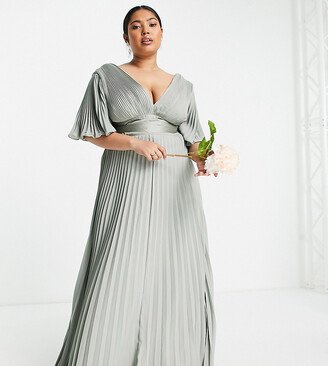 ASOS DESIGN Curve Bridesmaid pleated flutter sleeve maxi dress with satin wrap waist in olive