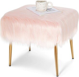 Faux Fur Vanity Stool Square Furry Ottoman w/ Golden Metal Legs Pink