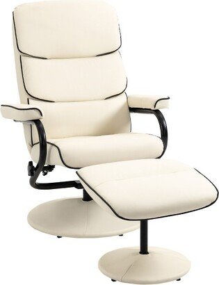 HOMCOM Recliner Chair with Ottoman, PU Leather Swivel High Back Armchair w/ Footrest, 135° Adjustable Backrest Thick Foam Padding, Cream White