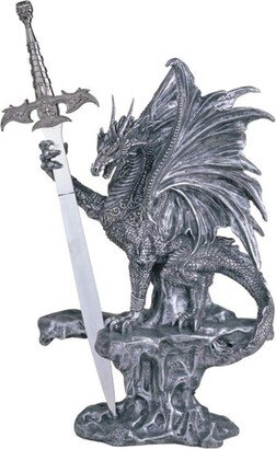 12H Medieval Silver Dragon Standing on Rock with Sword Guardian Statue Fantasy Decoration Figurine Home Decor Perfect Gift for House Warmin