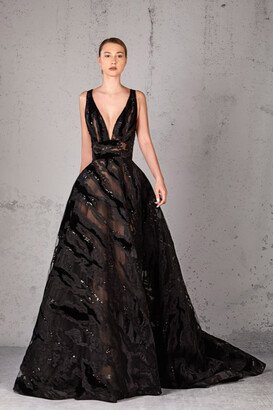 Embellished Plunging Neck Gown