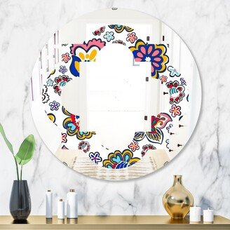 Designart 'Retro handdrawn flowers II' Printed Modern Round or Oval Wall Mirror - Quatrefoil - Multi