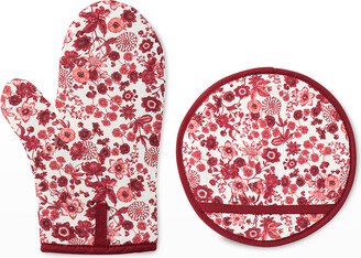 Field of Flowers Oven Mitt & Pot Holder Set, Ruby