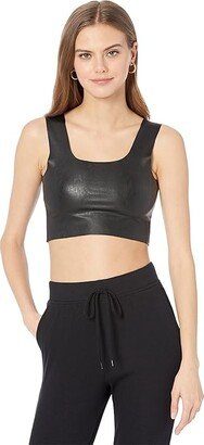 Faux Leather Square Neck Crop Top (Black) Women's Clothing