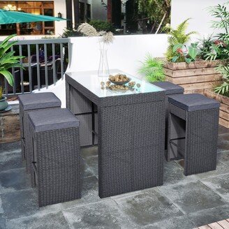 / 5-piece Wicker Rattan Outdoor Bar Dining Table Set with 4 Stools