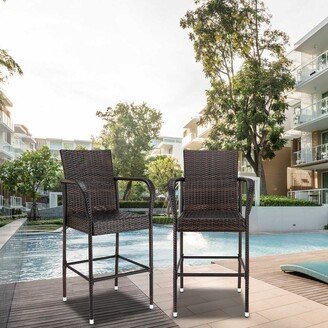 Outdoor 2-Piece Brown Rattan Bar Stools Wicker High Bar Chairs