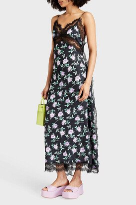 Lace-paneled floral-print crepe de chine midi dress