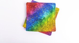 Rainbow Cloth Coasters, Gold & Ombre Colorful Fabric Coaster Set Of 4, Dining Decor, Triple Layer