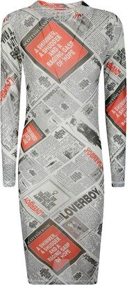 Newspaper Printed Crewneck Midi Dress