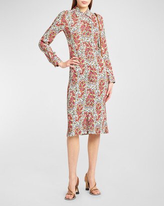 Floral Paisley-Print Jersey Midi Shirtdress