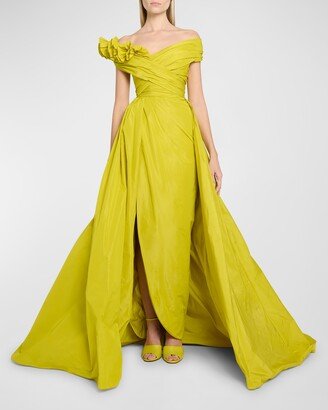 Ruffle Off-The-Shoulder Overskirt Taffeta Gown