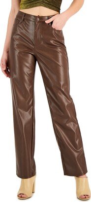 Juniors' Faux-Leather High-Rise Wide-Leg Jeans